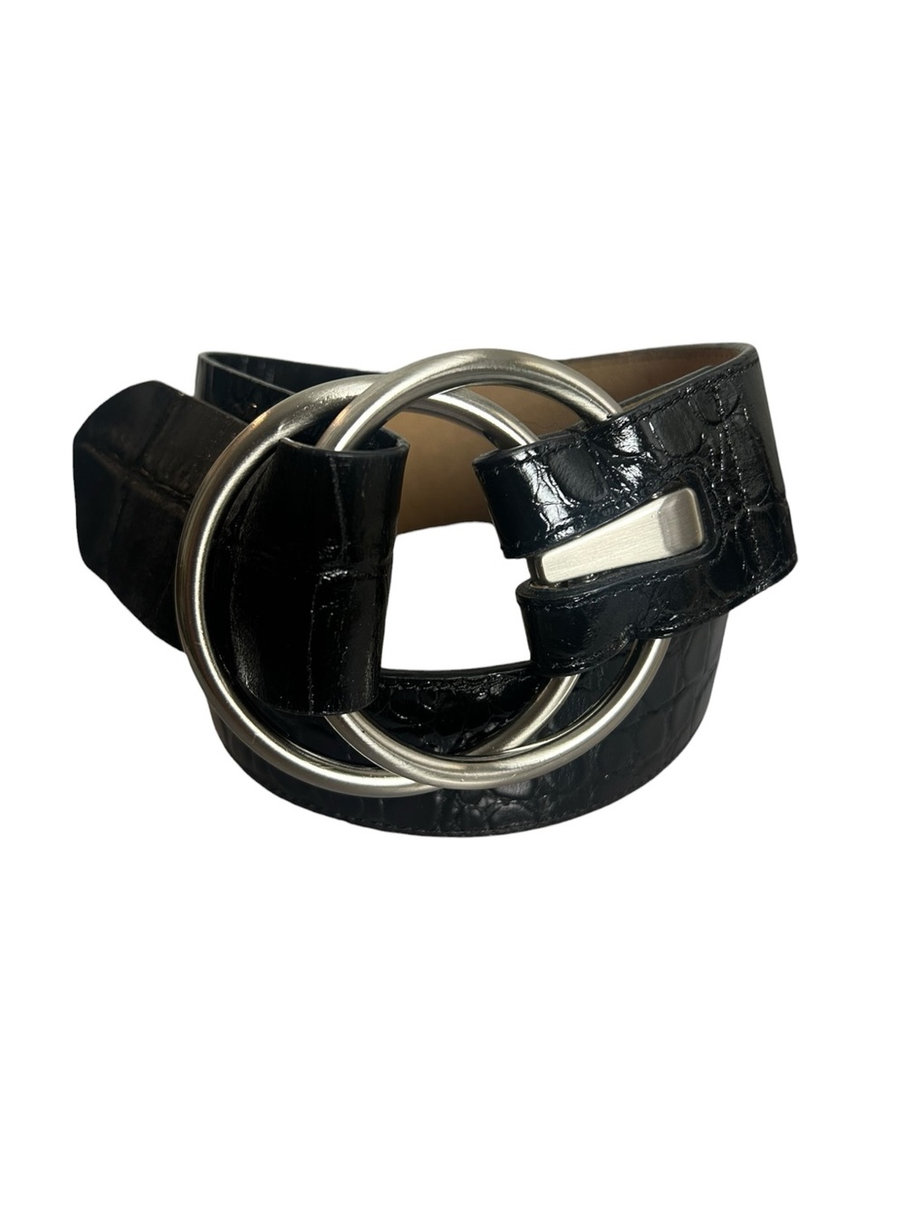 Ann Taylor Black Croc Embossed Leather Double Ring Belt S NWOT